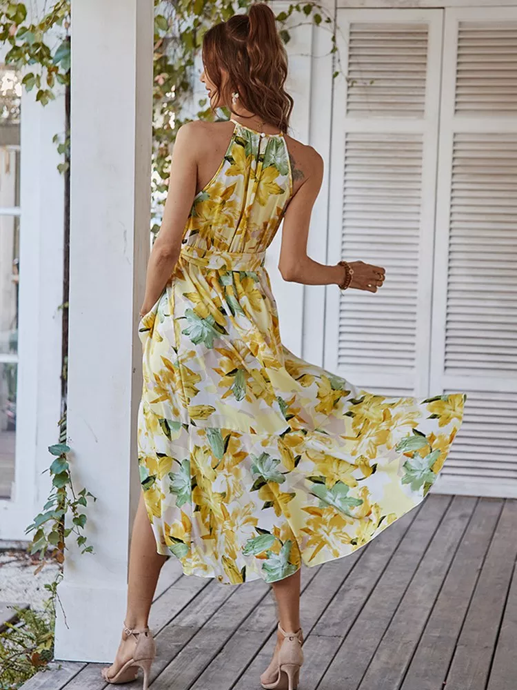 Robe champêtre fleurie longue sans manches et décontractée jaune | Tendance Fleurie