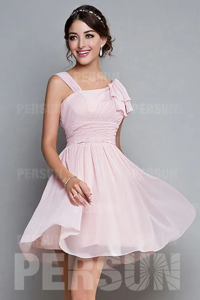 Robe chic de rose asymmétrique à manche volants pour cocktail mariage