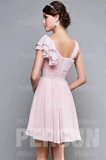 Robe chic de rose asymmétrique à manche volants pour cocktail mariage