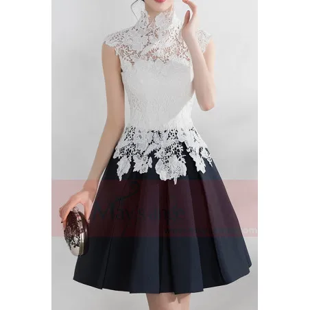 robe cocktail blanche et noire dentelle col montant