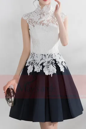 robe cocktail blanche et noire dentelle col montant