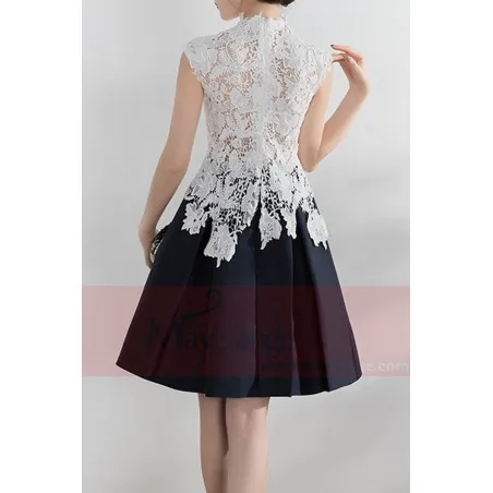 robe cocktail blanche et noire dentelle col montant