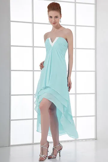 Robe cocktail bleu turquoise décolleté en V courte devant longue derrière en mousseline