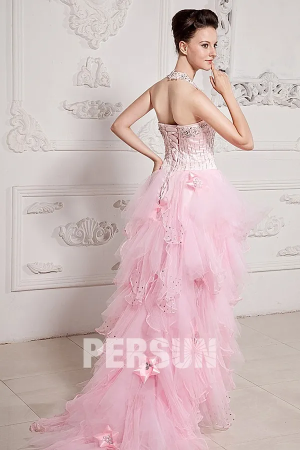 Robe cocktail courte devant longue derrière rose en tulle