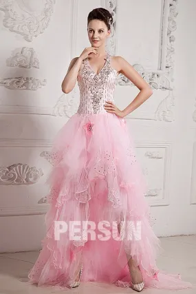 Robe cocktail courte devant longue derrière rose en tulle