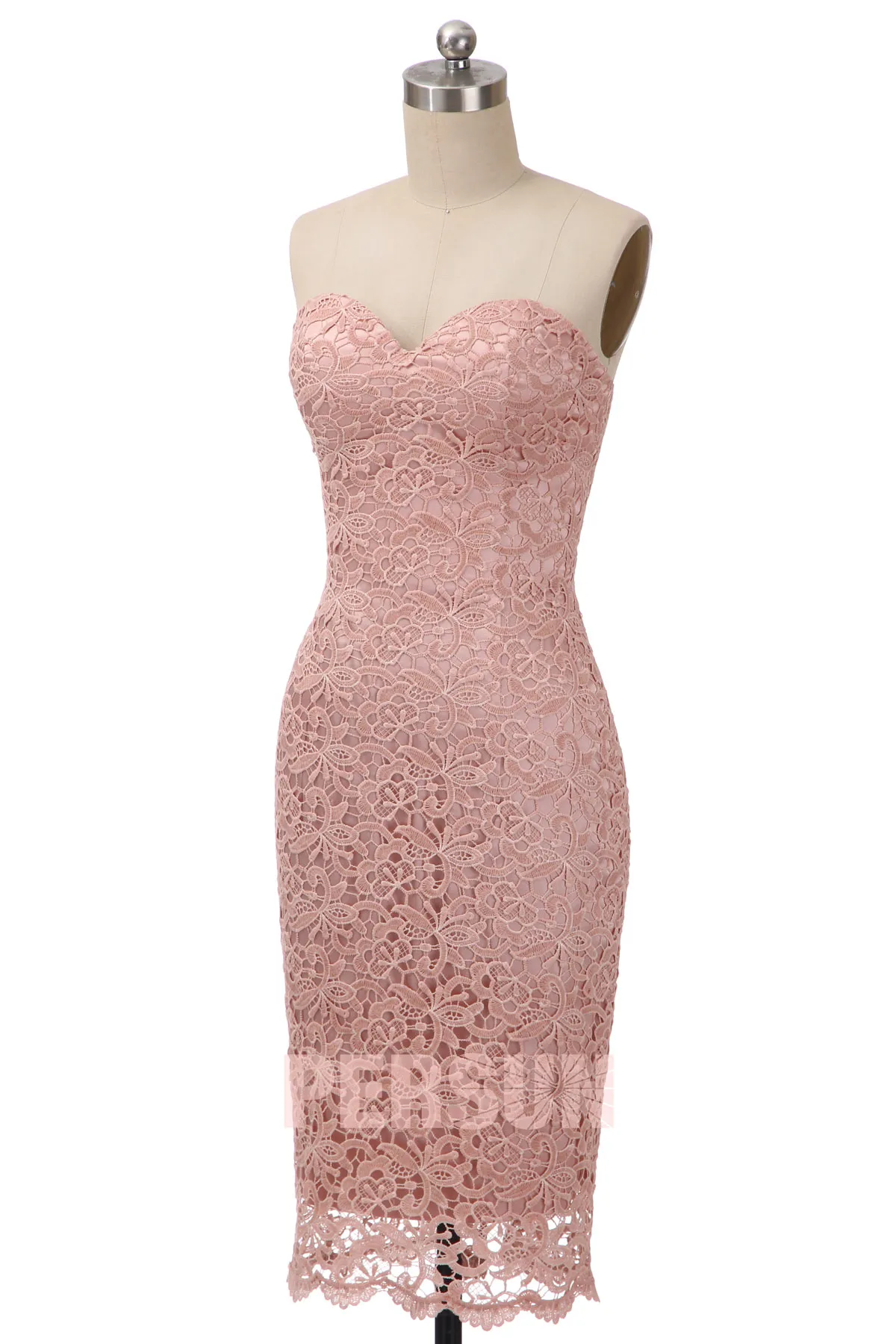 Robe cocktail courte fourreau guipure vieux rose bustier coeur