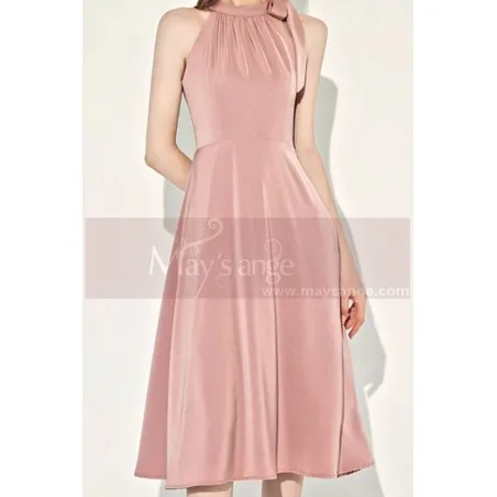 Robe cocktail rose poudre noeud