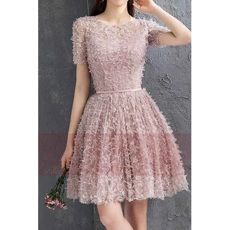 robe cocktail vieux rose manche courte dos ferme