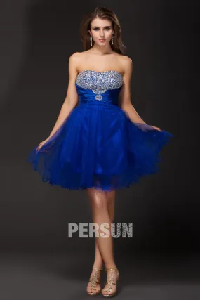 Robe courte bleu bustier ornée de strass pour cocktail mariage