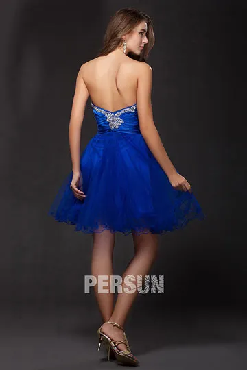 Robe courte bleu bustier ornée de strass pour cocktail mariage