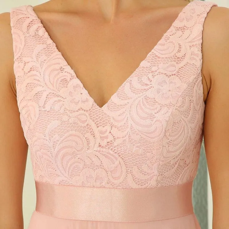 Robe De Cocktail Asymétrique Rose Pale Mousseline Dentelle Col V