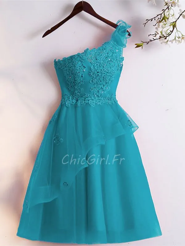 Robe De Cocktail Bal Asymétrique Courte Turquoise Tulle Volant Dentelle Une Epaule