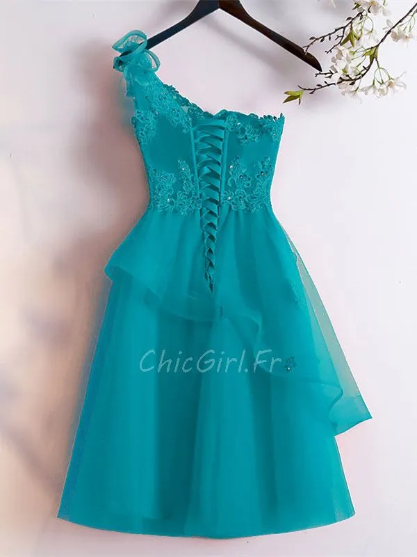 Robe De Cocktail Bal Asymétrique Courte Turquoise Tulle Volant Dentelle Une Epaule