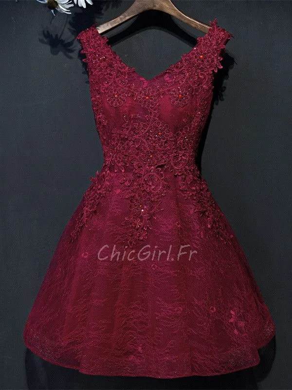 Robe De Cocktail Bal Chic Courte Bordeaux Dentelle Perle Strass Col V