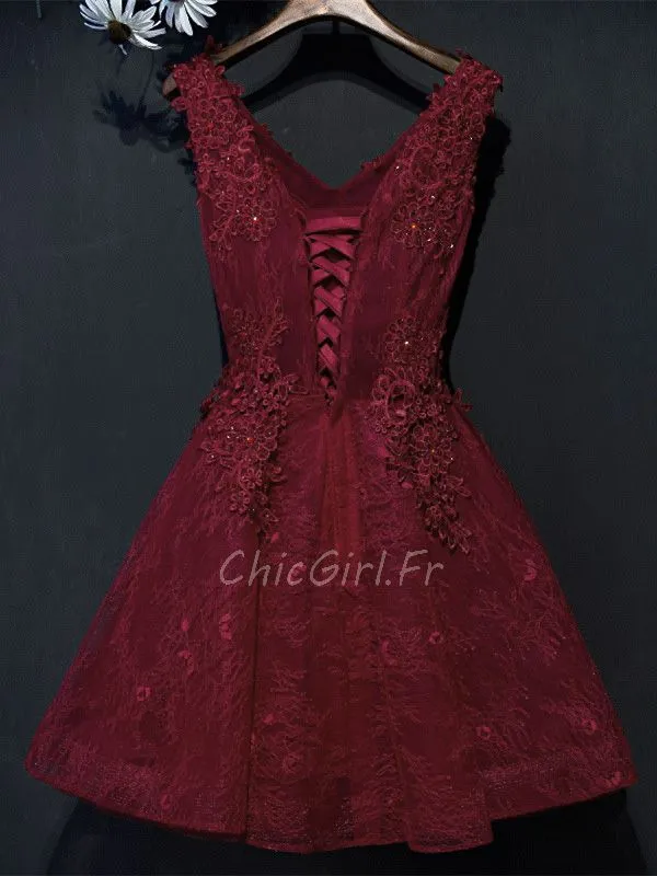 Robe De Cocktail Bal Chic Courte Bordeaux Dentelle Perle Strass Col V