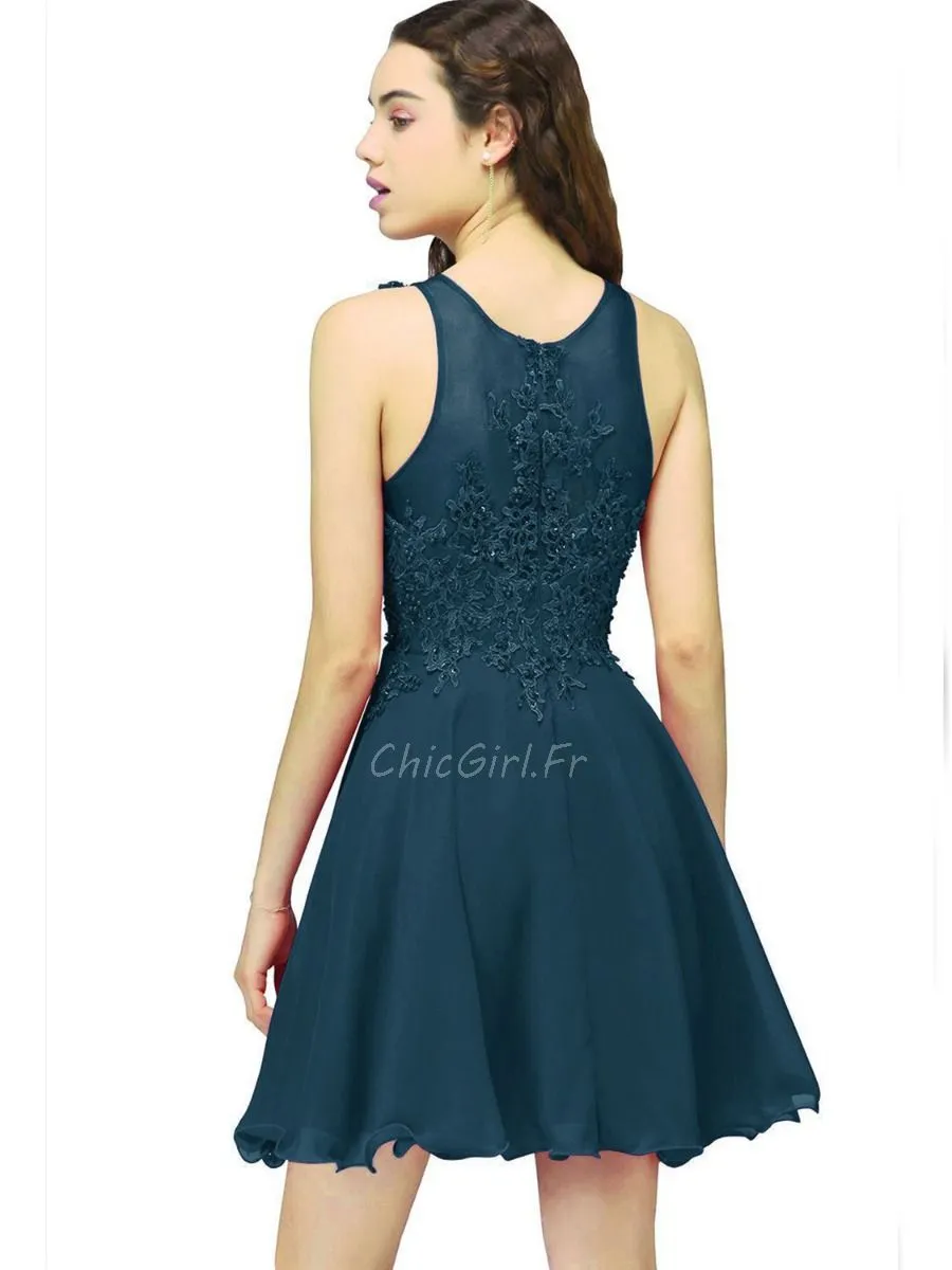 Robe De Cocktail Fete Courte Bleu Canard Mousseline Dentelle Perle