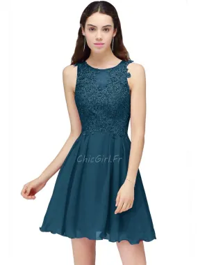 Robe De Cocktail Fete Courte Bleu Canard Mousseline Dentelle Perle