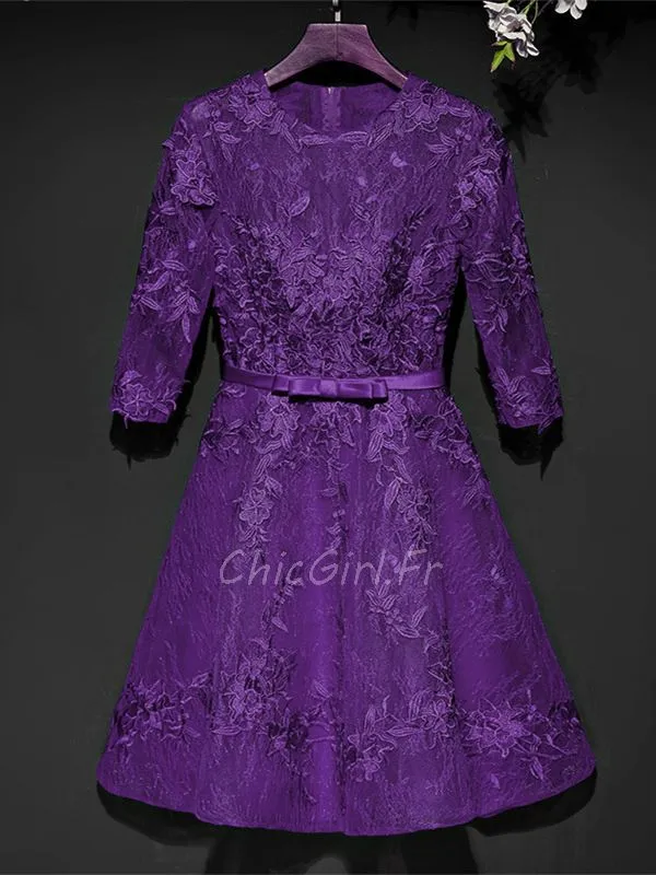 Robe De Cocktail Fete Courte Violette Dentelle Manche 3 4 Col Rond