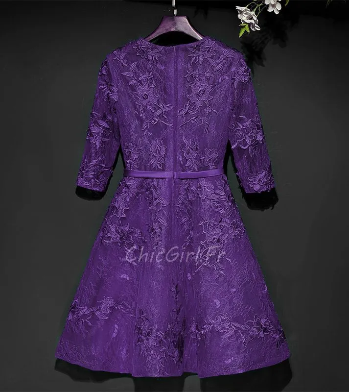 Robe De Cocktail Fete Courte Violette Dentelle Manche 3 4 Col Rond