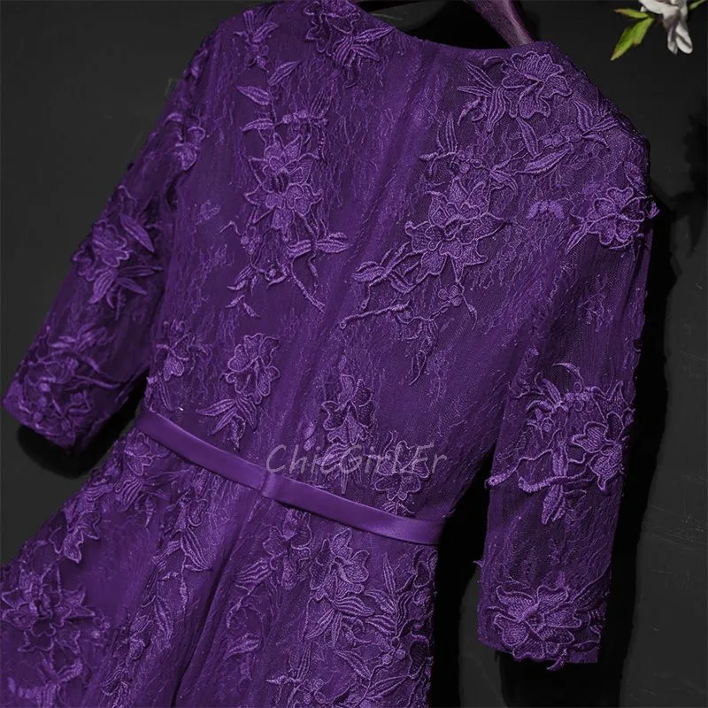 Robe De Cocktail Fete Courte Violette Dentelle Manche 3 4 Col Rond