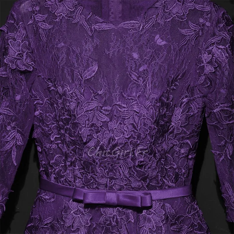 Robe De Cocktail Fete Courte Violette Dentelle Manche 3 4 Col Rond