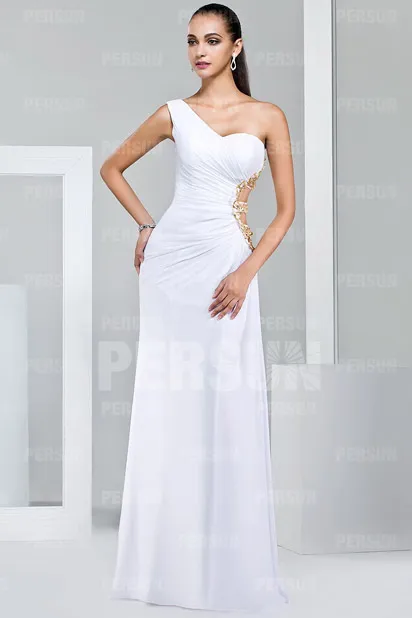 Robe de cocktail longue pour mariage asymétrique découpée à côté