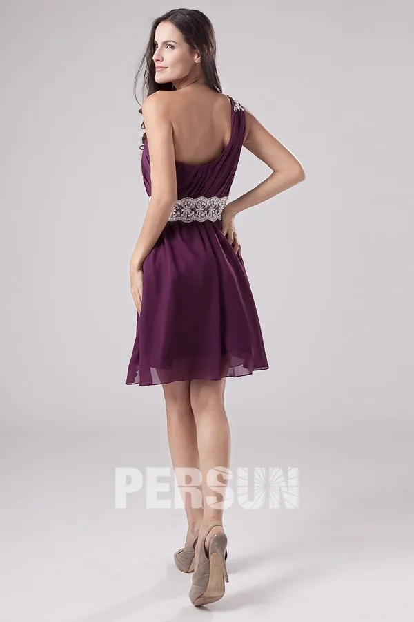 Robe de cocktail prune ruché asymétrique