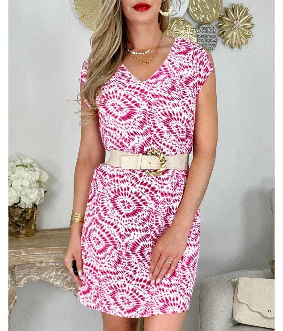 Robe droite Femme col v et motif rose