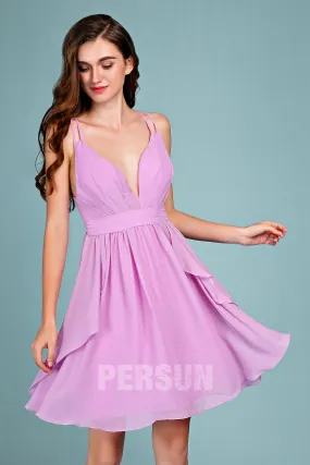 Robe lilas pour cocktail mariage simple col en V plissé