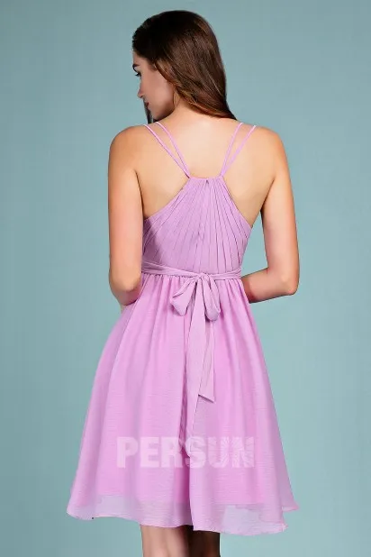 Robe lilas pour cocktail mariage simple col en V plissé