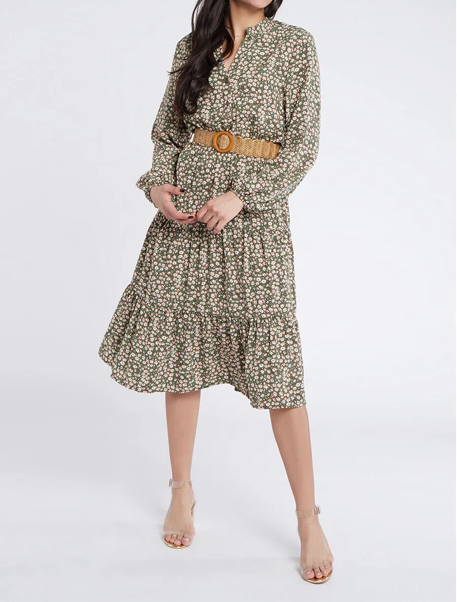 Robe longue empire à imprimé petites fleurs - Beige