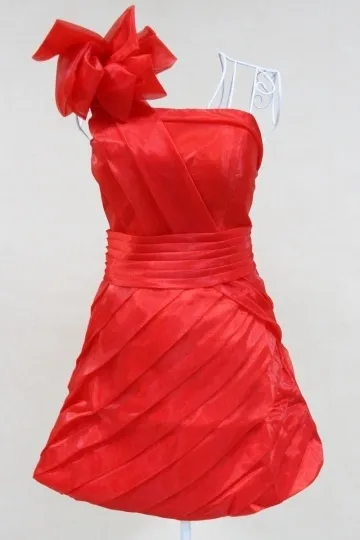 Robe rouge cocktail de mariage courte asymétrique à fleur en organza