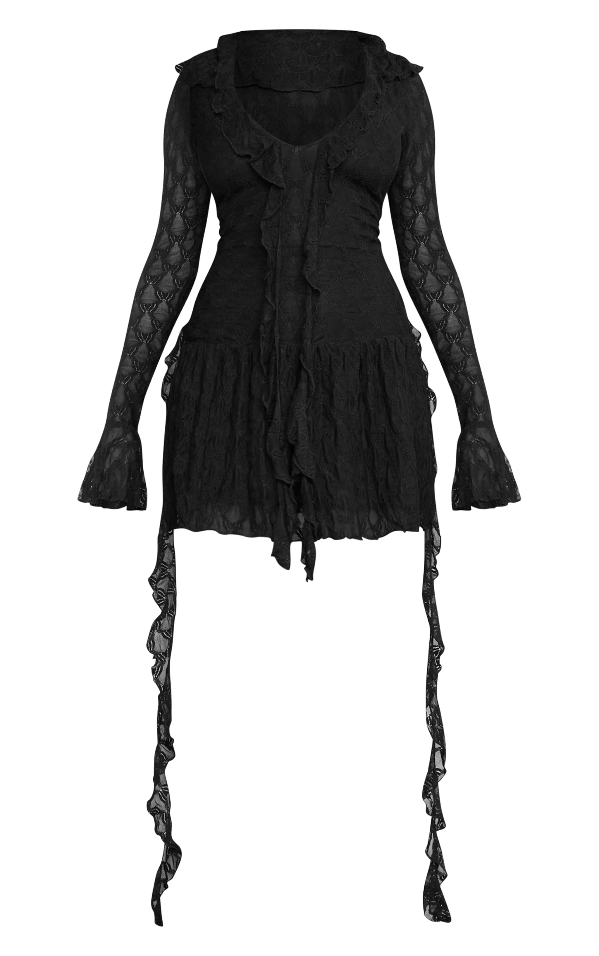 Robe volantée texturée noire à lacets et détail drapé