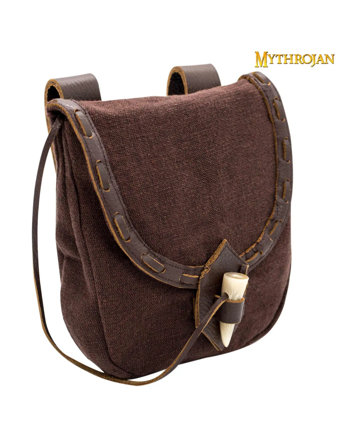 Sac médiéval en toile et cuir avec fermeture en corne - Marron (20,3x17,7 cm.)