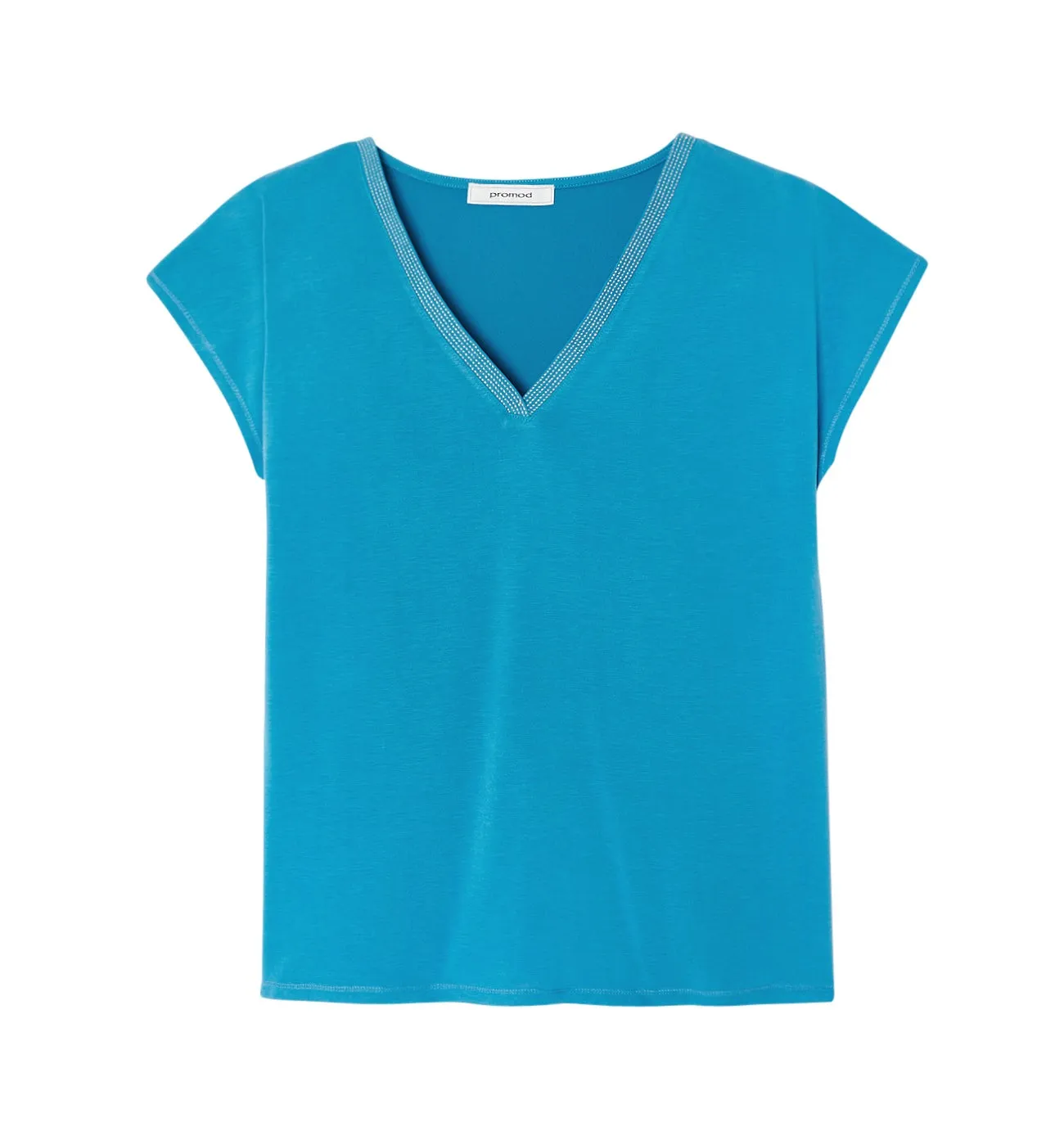 T-shirt col V détail irisé - Turquoise