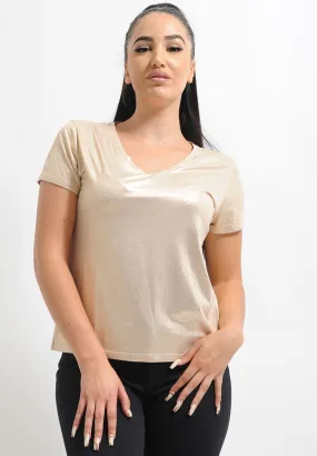 T-shirt femme satin doré col v