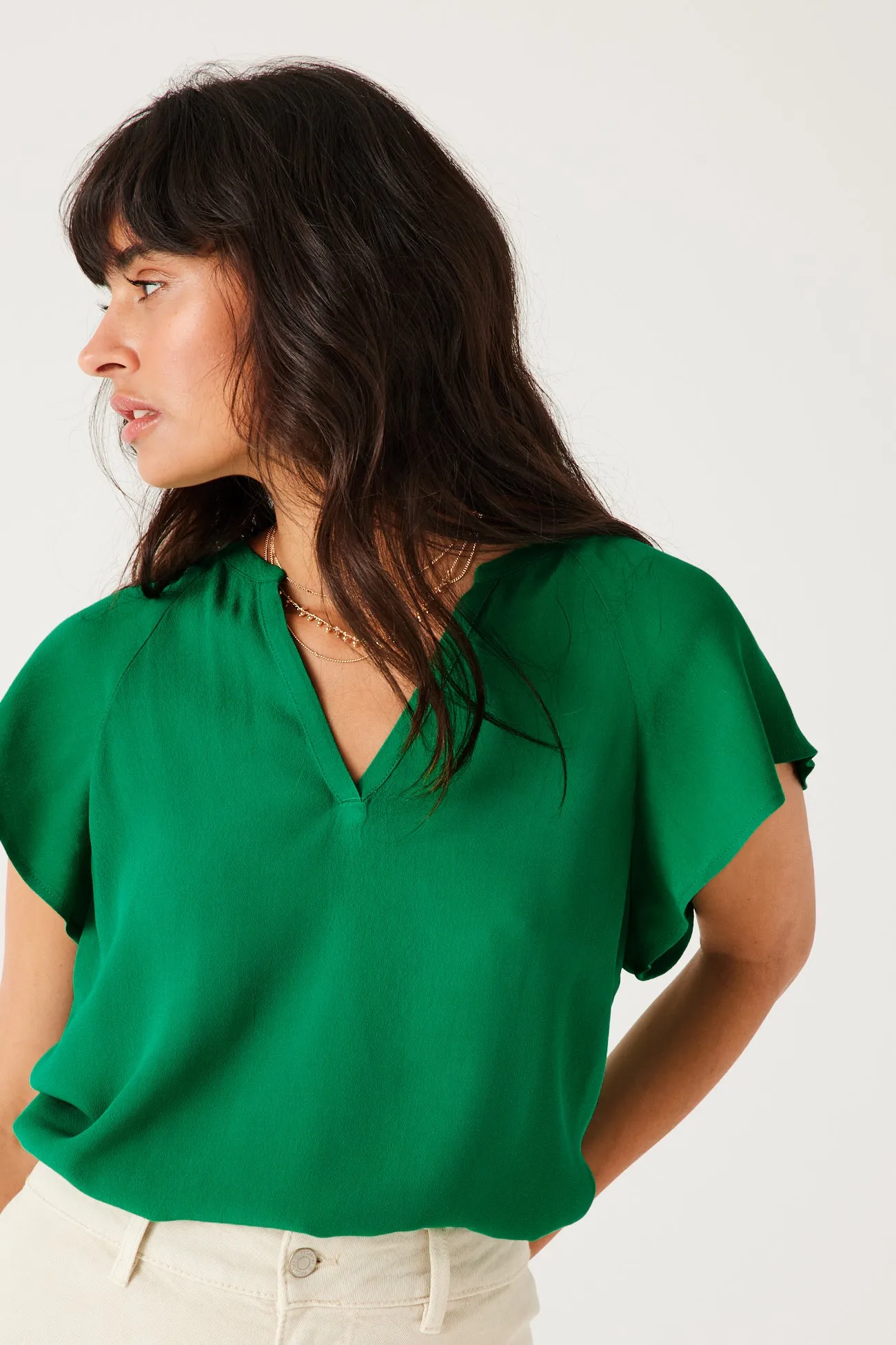 Top uni col V Femme - Vert