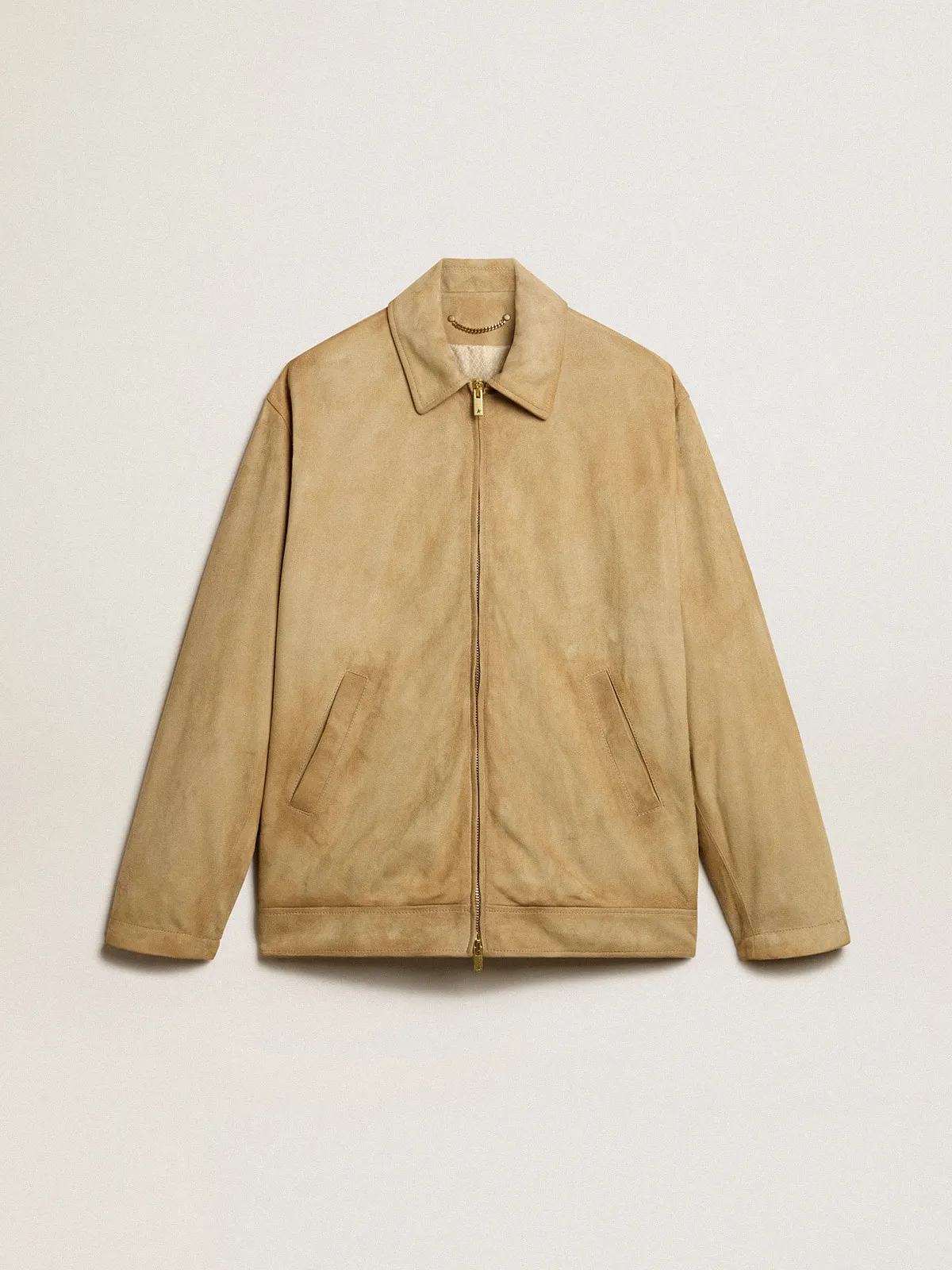 Veste en cuir beige avec fermeture à glissière