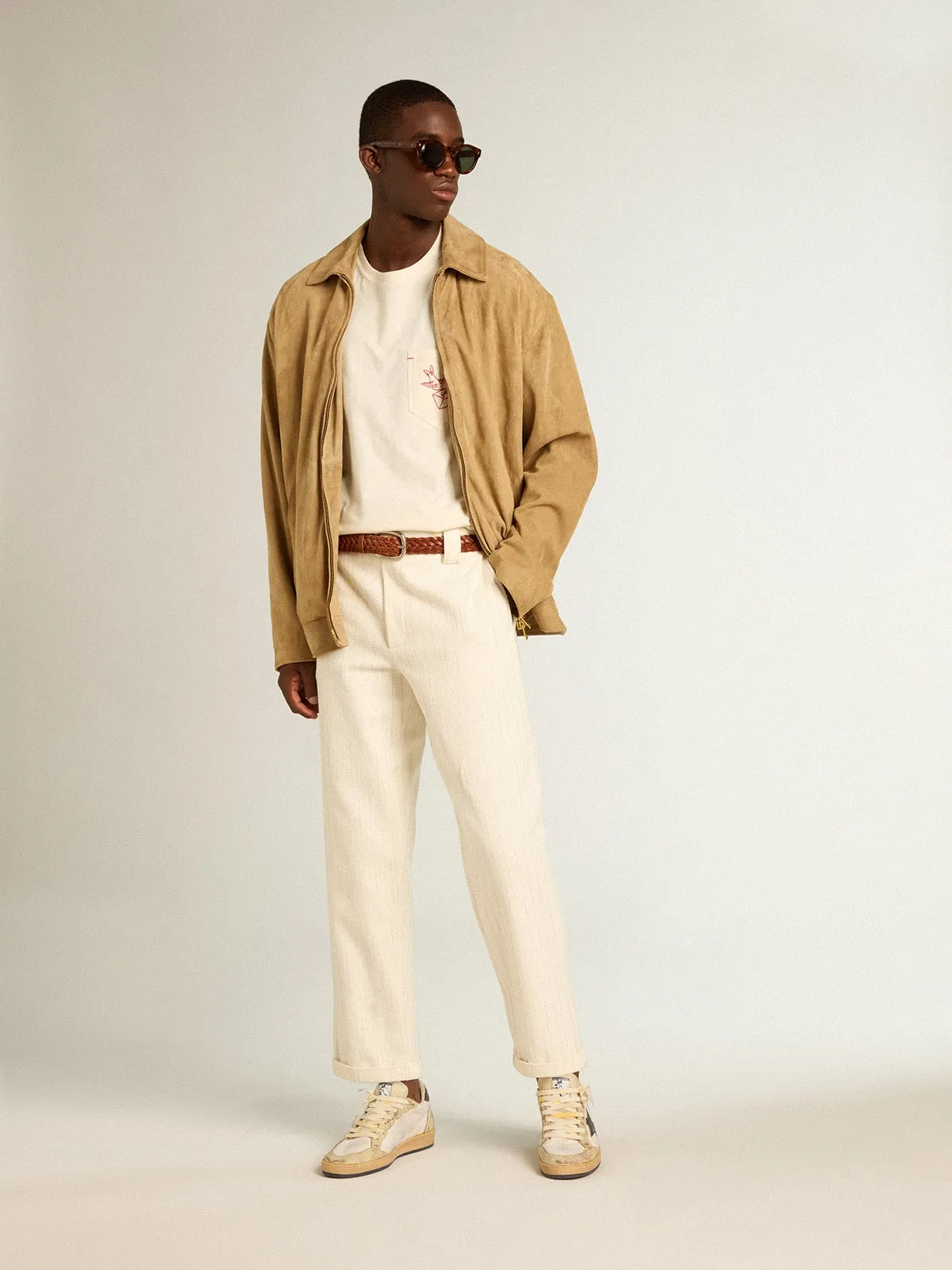 Veste en cuir beige avec fermeture à glissière