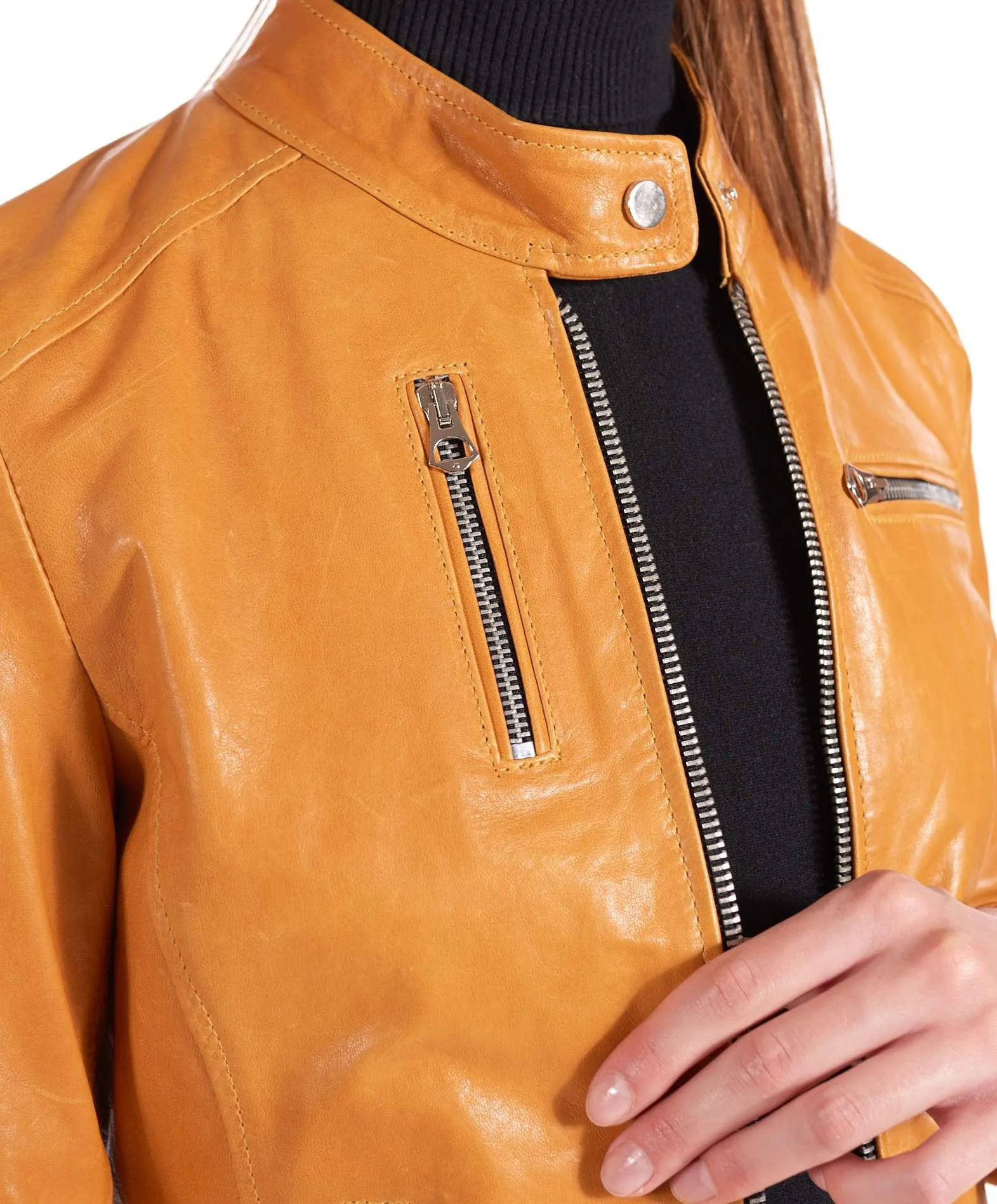 Veste en cuir femme  motard blouson cuir vintage ocre Giulia