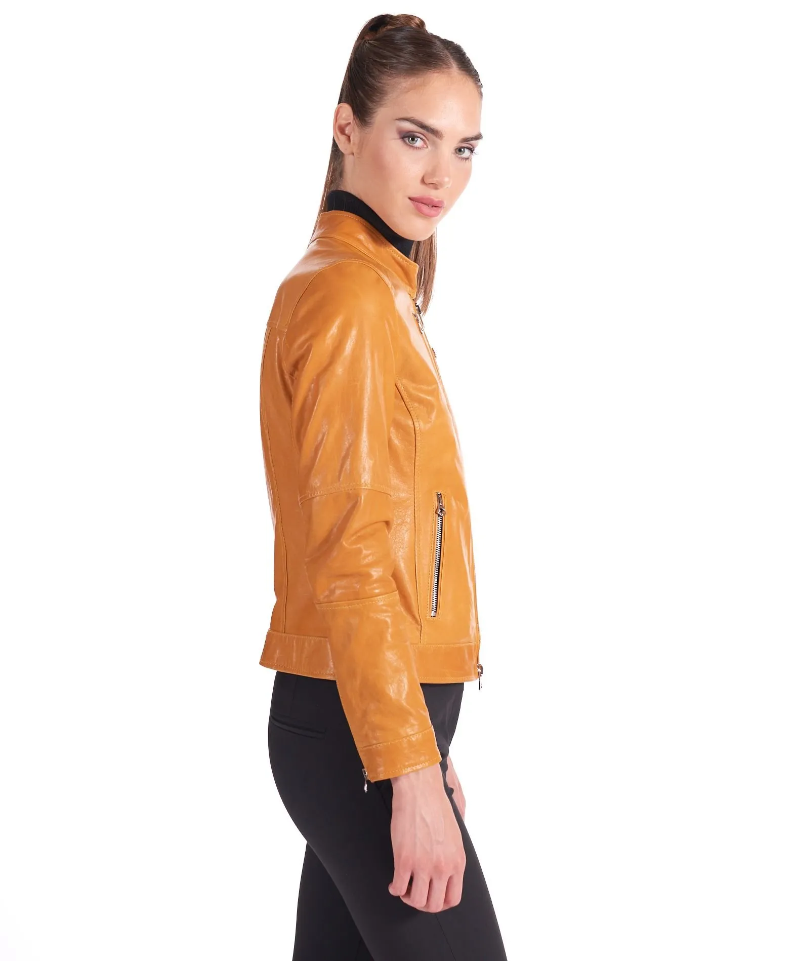 Veste en cuir femme  motard blouson cuir vintage ocre Giulia