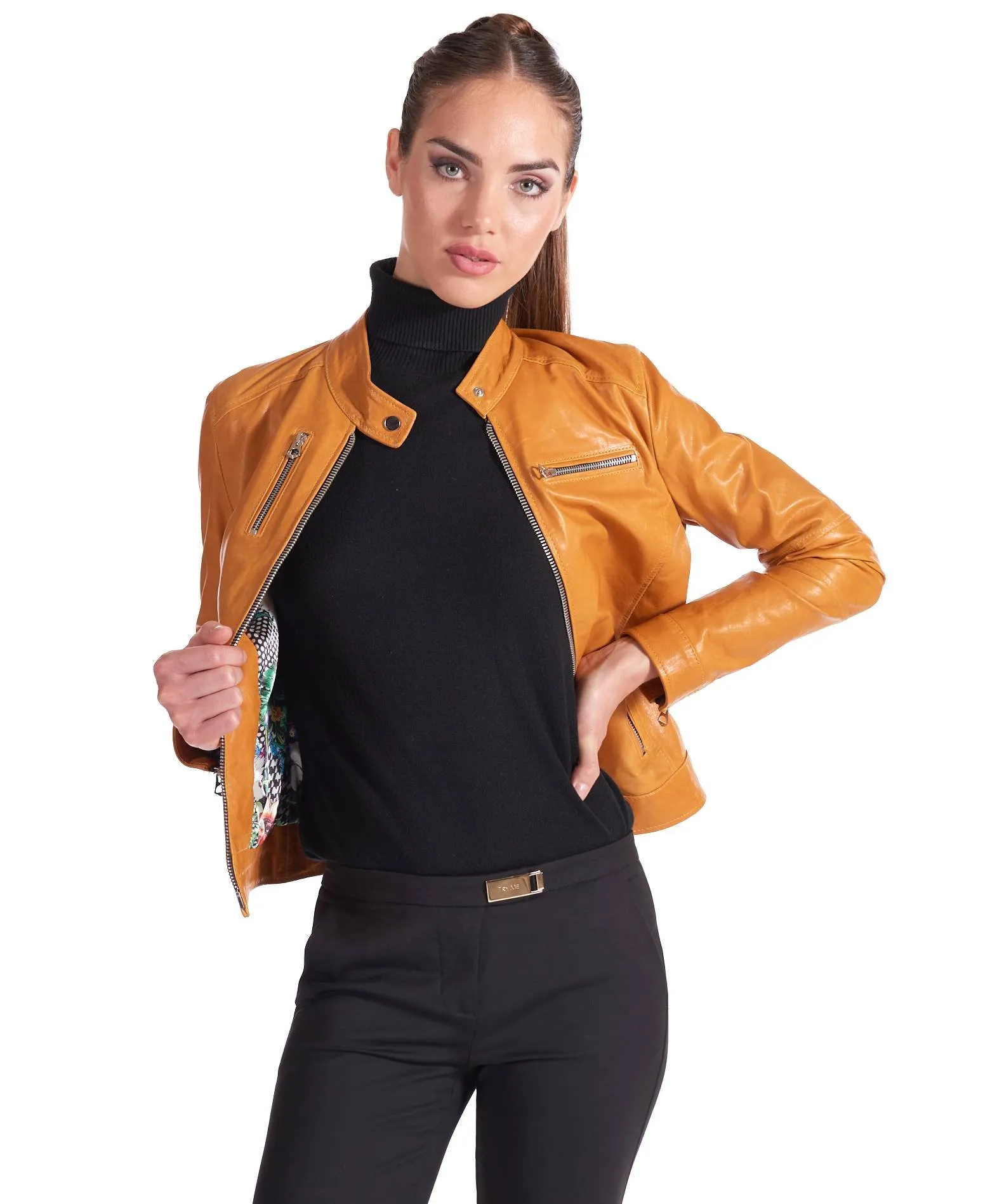 Veste en cuir femme  motard blouson cuir vintage ocre Giulia