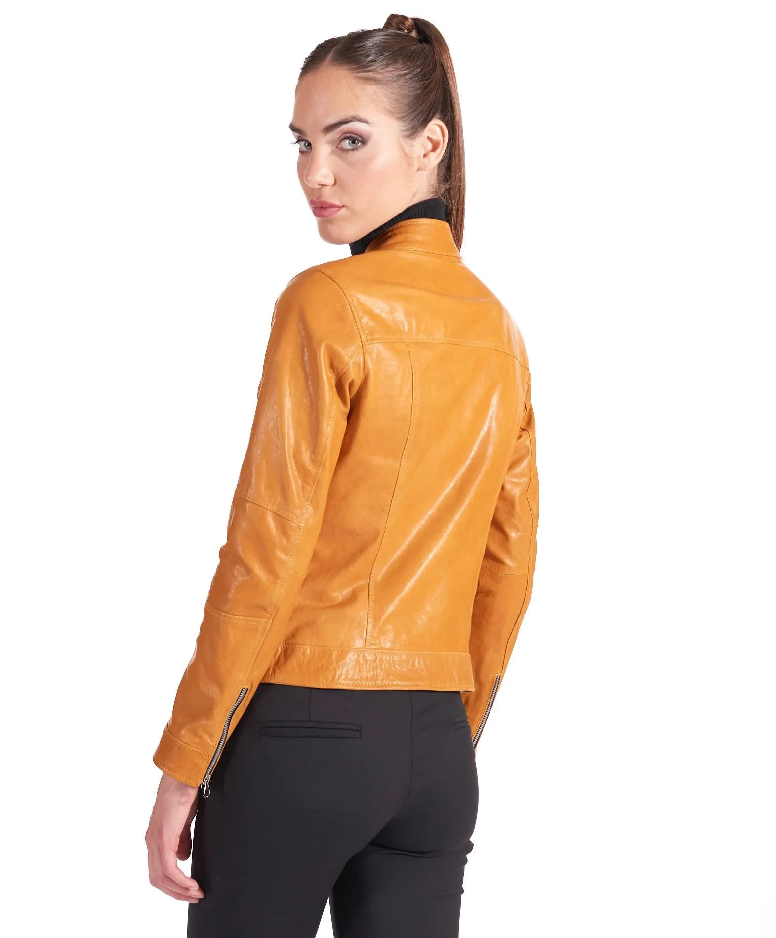 Veste en cuir femme  motard blouson cuir vintage ocre Giulia