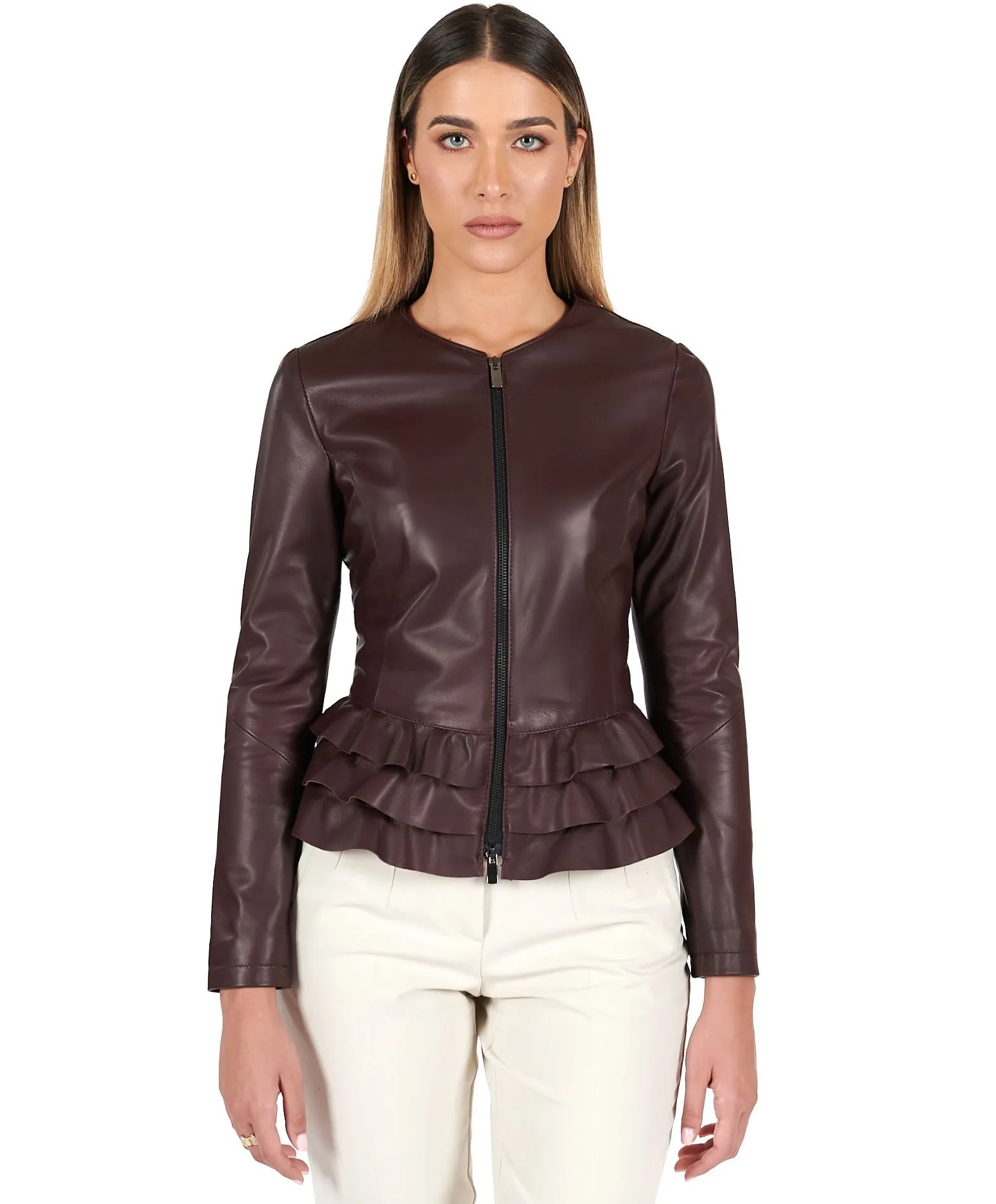 Veste en cuir femme rouches blouson volants bordeaux F105BL