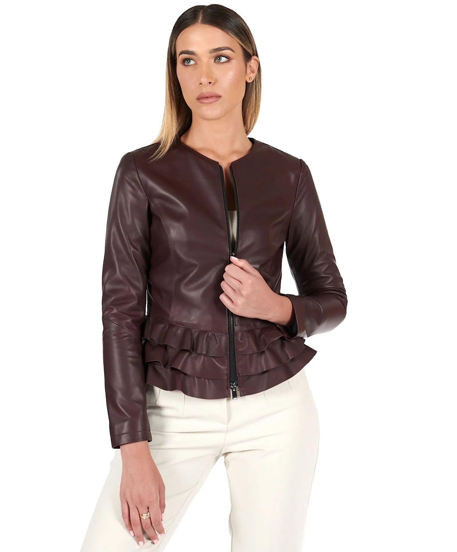 Veste en cuir femme rouches blouson volants bordeaux F105BL