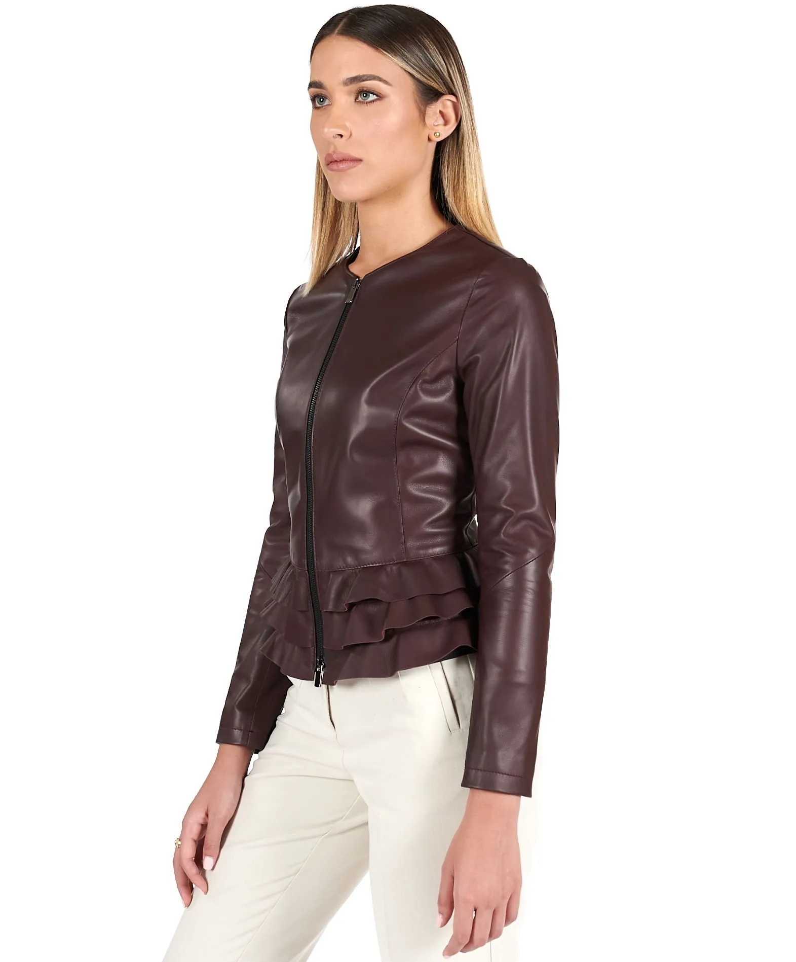 Veste en cuir femme rouches blouson volants bordeaux F105BL