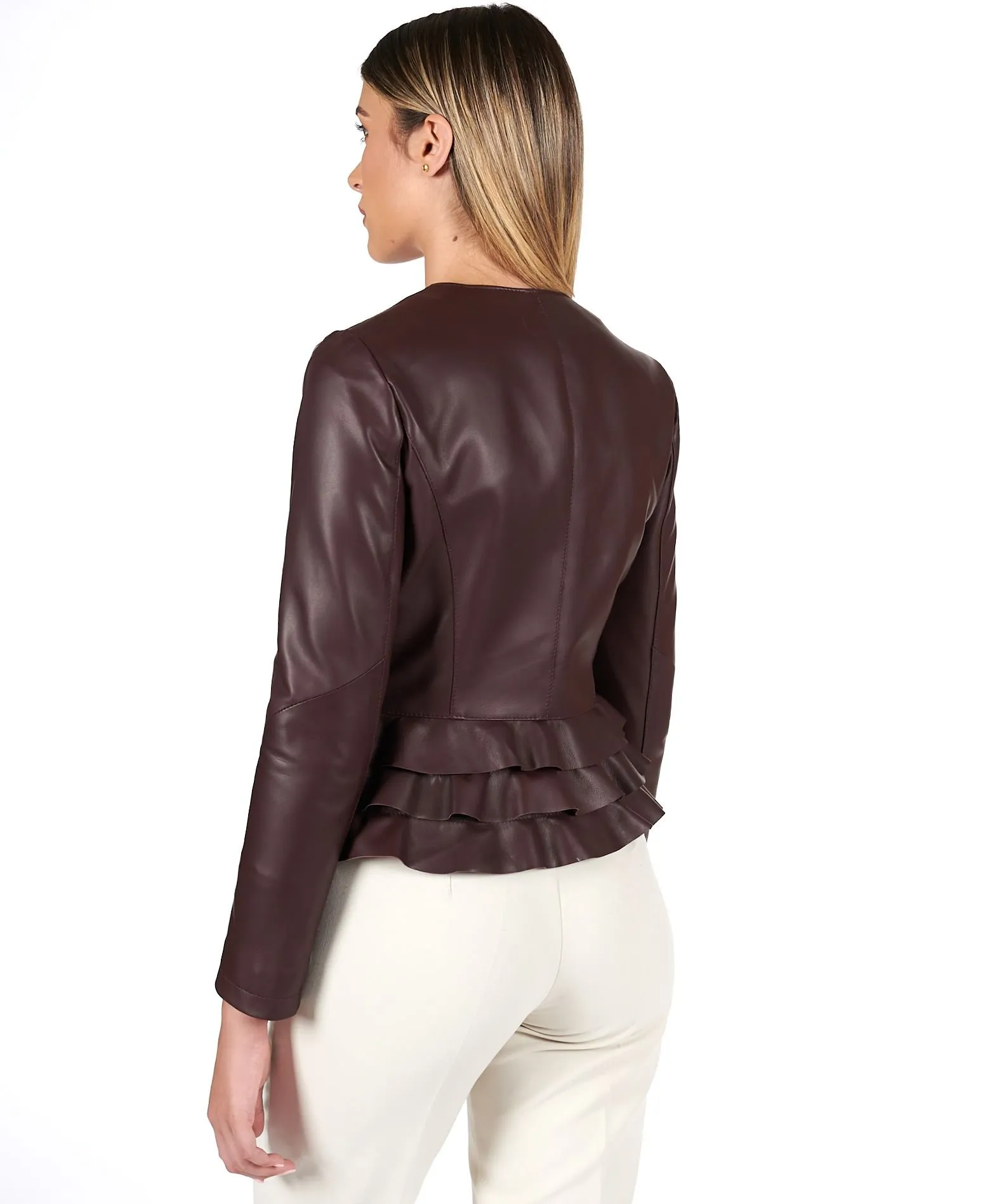 Veste en cuir femme rouches blouson volants bordeaux F105BL