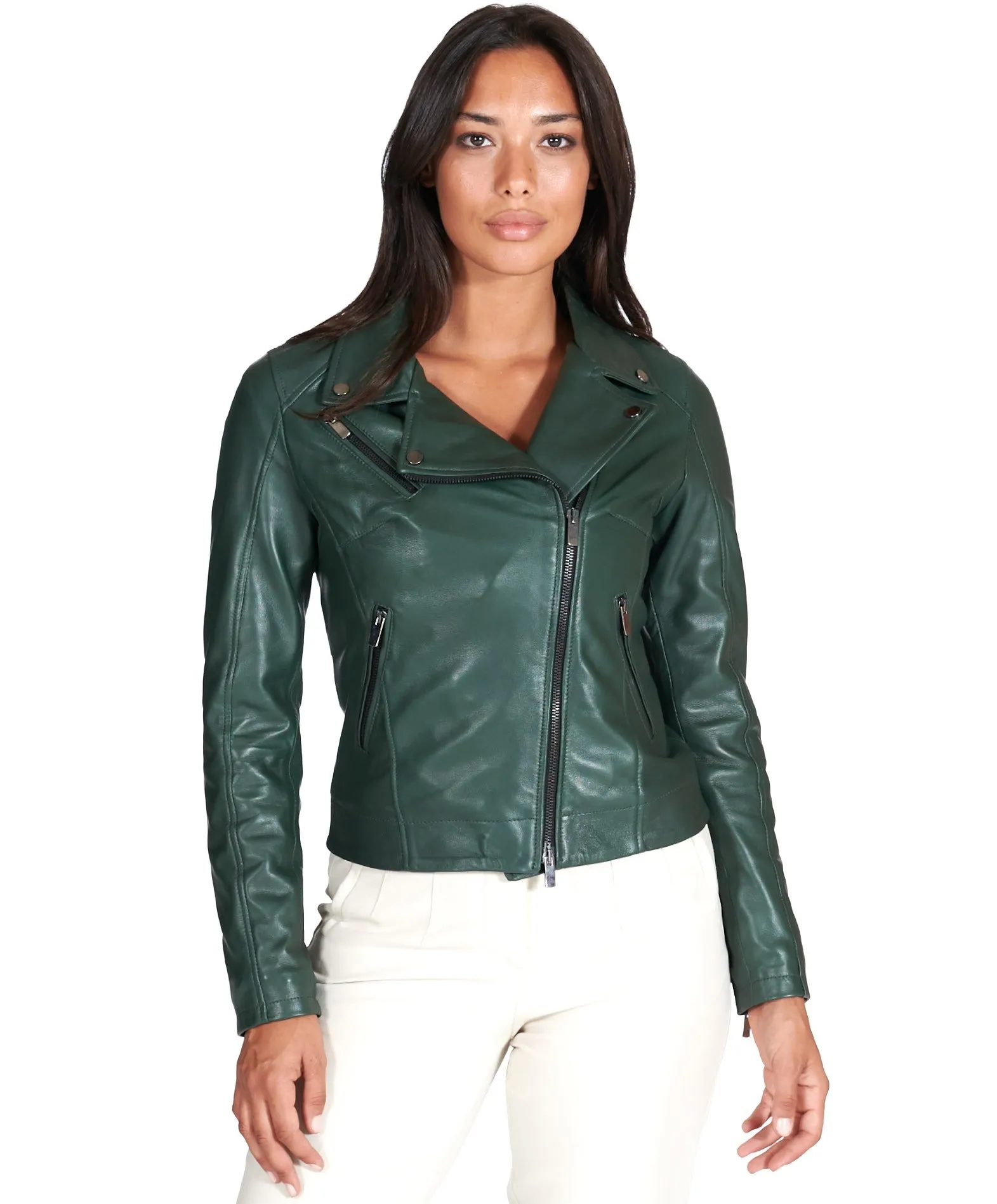 Veste en cuir femme vert motard blouson