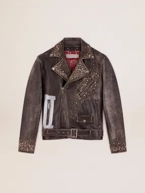 Veste en cuir homme avec clous martelés et ruban adhésif appliqué | Golden Goose