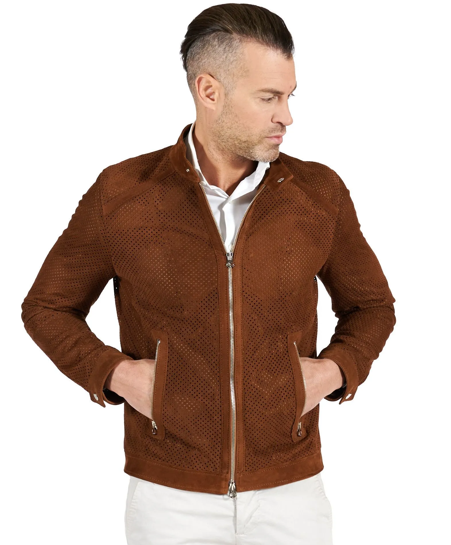 Veste moto cuir homme blouson cuir daim perforé cognac Ted